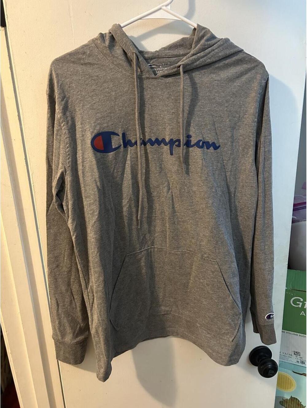 Gray Champion hooded long sleeve tee shirt with blue logo size M